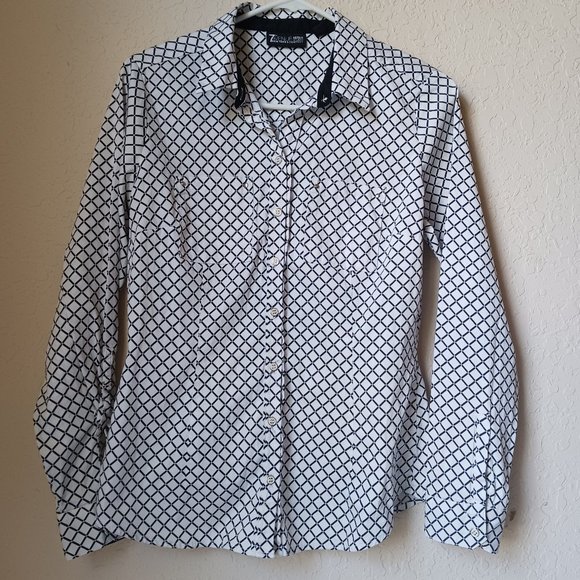 7th Ave New York & Co black and white button down, long sleeve collared blouse. - Picture 1 of 9